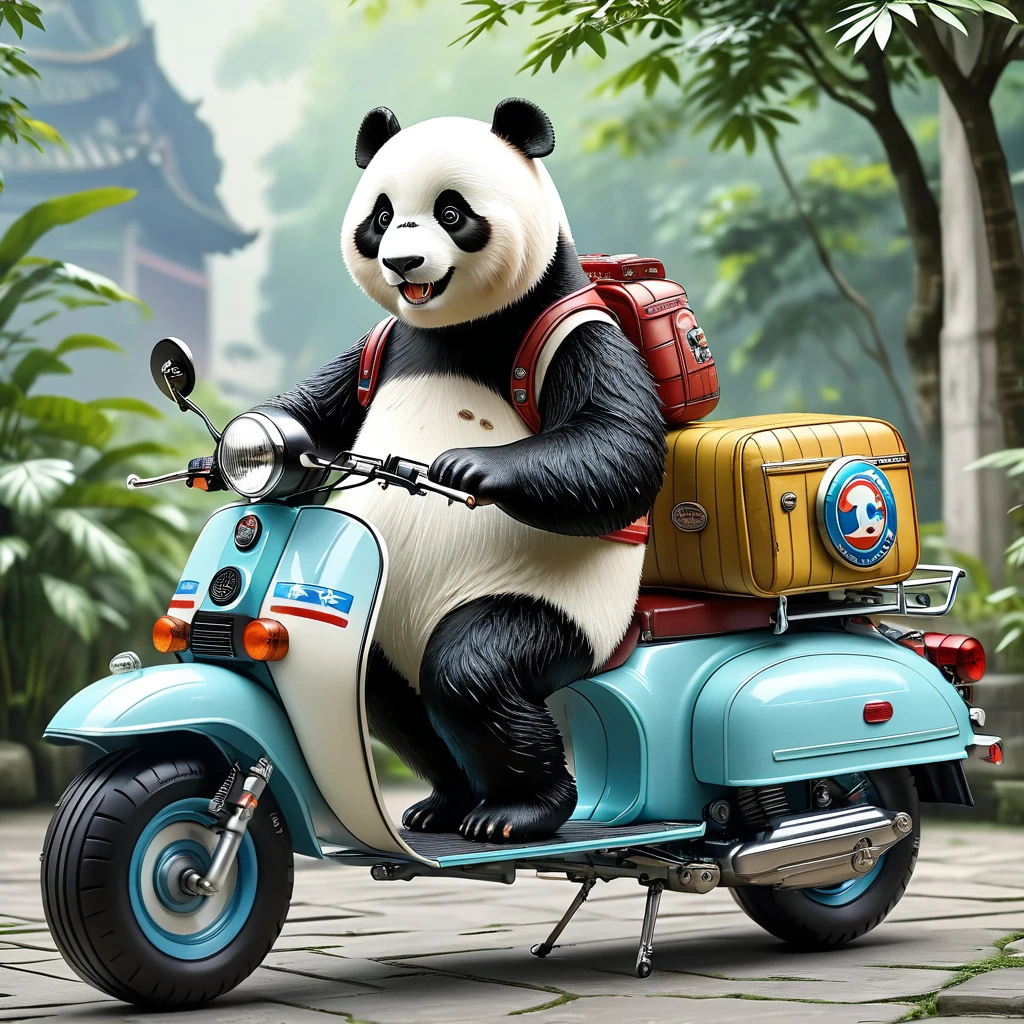 (masterpiece, best quality:1.2), Giant panda riding a moped, Highly detailed、Ultra-realistic retro, Solitary