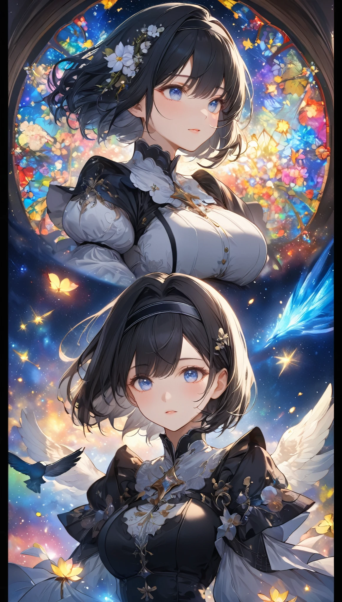 Highest quality, Super quality, 16K, Incredibly absurd, Very detailed, 2.5D, delicate and dynamic, church, Brightly colored stained glass, Small faint lights and flying fireflies, night, Starry Sky, milky way, nebula, shooting star, Flowers, birds, wind and moon, Extremely delicate facial expression, Delicate eye depiction, Upper body close-up, erotic, sole sexy lady, healthy shaped body, 22 years old lady, YoRHa 2b, 170cm tall, huge firm bouncing busts, white short hair, black hair band, YoRHa 2bのコスチューム