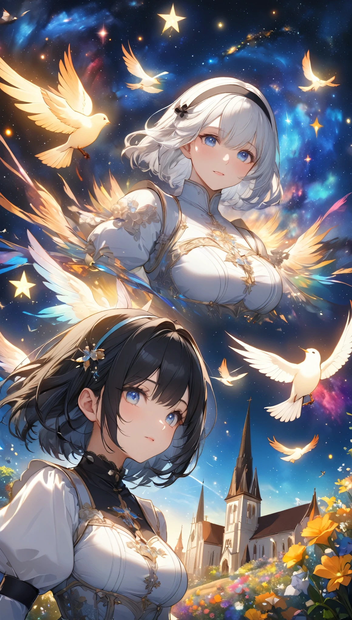 Highest quality, Super quality, 16K, Incredibly absurd, Very detailed, 2.5D, delicate and dynamic, church, Brightly colored stained glass, Small faint lights and flying fireflies, night, Starry Sky, milky way, nebula, shooting star, Flowers, birds, wind and moon, Extremely delicate facial expression, Delicate eye depiction, Upper body close-up, erotic, sole sexy lady, healthy shaped body, 22 years old lady, YoRHa 2b, 170cm tall, huge firm bouncing busts, white short hair, black hair band, YoRHa 2bのコスチューム