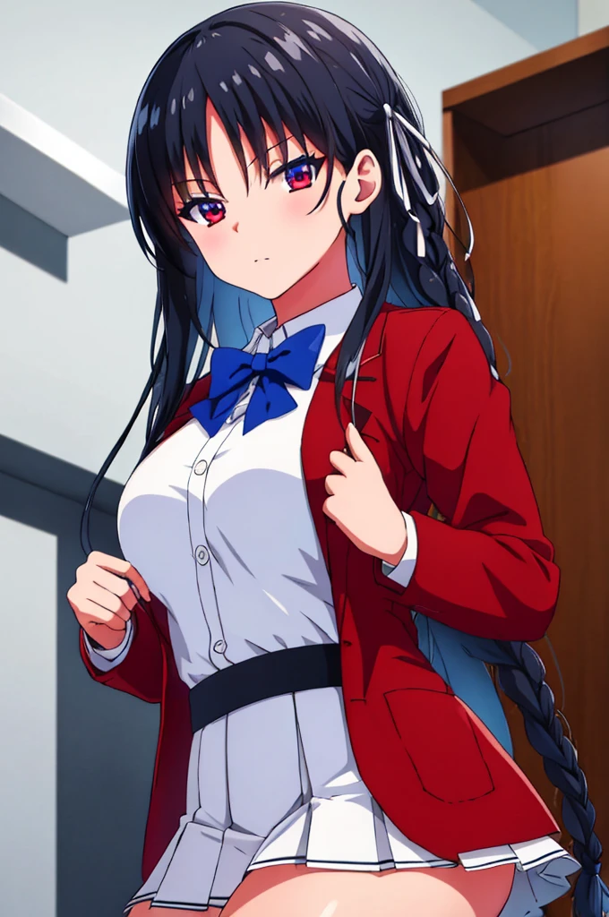 (masterpiece:1.3), (best quality:1.1), (8k, ultra detailed, ultra high res:1.1), ((anime style)), perfect 5 fingers, perfect anatomy, perfect finger, 
1girl,
Suzune Horikita, 
BREAK long hair, braid, 
black hair, 
red eyes, (focus detailed eyes:1.2), 
blue bow, 
medium breasts, BREAK joy, dynamic pose, 
red jacket, long sleeves, white skirt, pleated skirt, black thigh-high socks, 
BREAK looking at viewer, (upper body:1.2), indoor, 