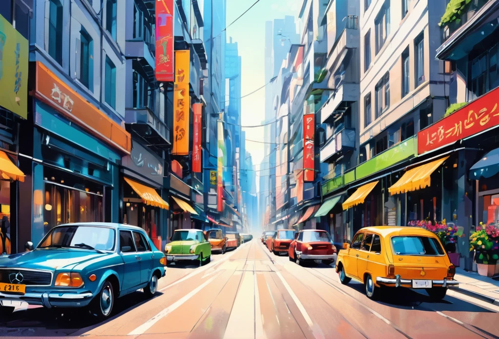 Beautiful city street, cars on the road, front view, modern, (masterpiece best quality:1.2) delicate illustration ultra-detailed, detailed background, illustrations, bright, colourful,
