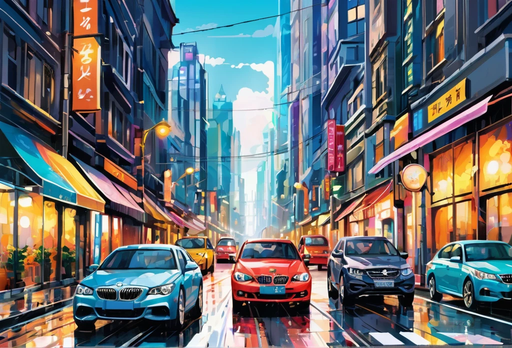 Beautiful city street, cars on the road, front view, modern, (masterpiece best quality:1.2) delicate illustration ultra-detailed, detailed background, illustrations, bright, colourful, 