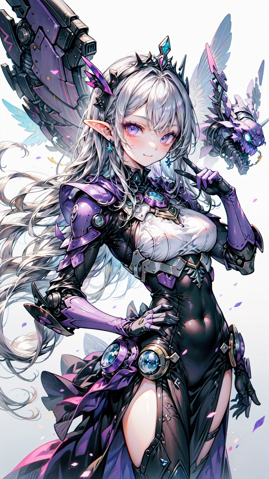 エレガントな紫のLong Hairと銀色のグラデーションの尾,Purple eyes,Purple loose dress,Star Goddess,Gorgeous amethyst tiara，It has small silver wings on its back....，background shines，小さなsmile，Purple silver fairy dance long skirt，A black cat with Purple eyes on the hand，fairy dance，恥ずかしそうなsmileの髪型、Organic Armor Cyborg、Machinery Armor、 Cowboy Shot、Blake、Big Breasts（Dark Elf), (1 Girl), alone, Perfect Face, Get used to it, Ahoge, ((Long Hair:1.2)),[[Messy Hair]], Shiny blonde white hair, Purple eyes, Variegated eyes, Colorful Hair, Shining Eyes, (eyelash, eye shadow, pink eye shadow), bright, smile, Design Art：haruhiko mikimoto, by Kawashi, By Yoshitaka Amano