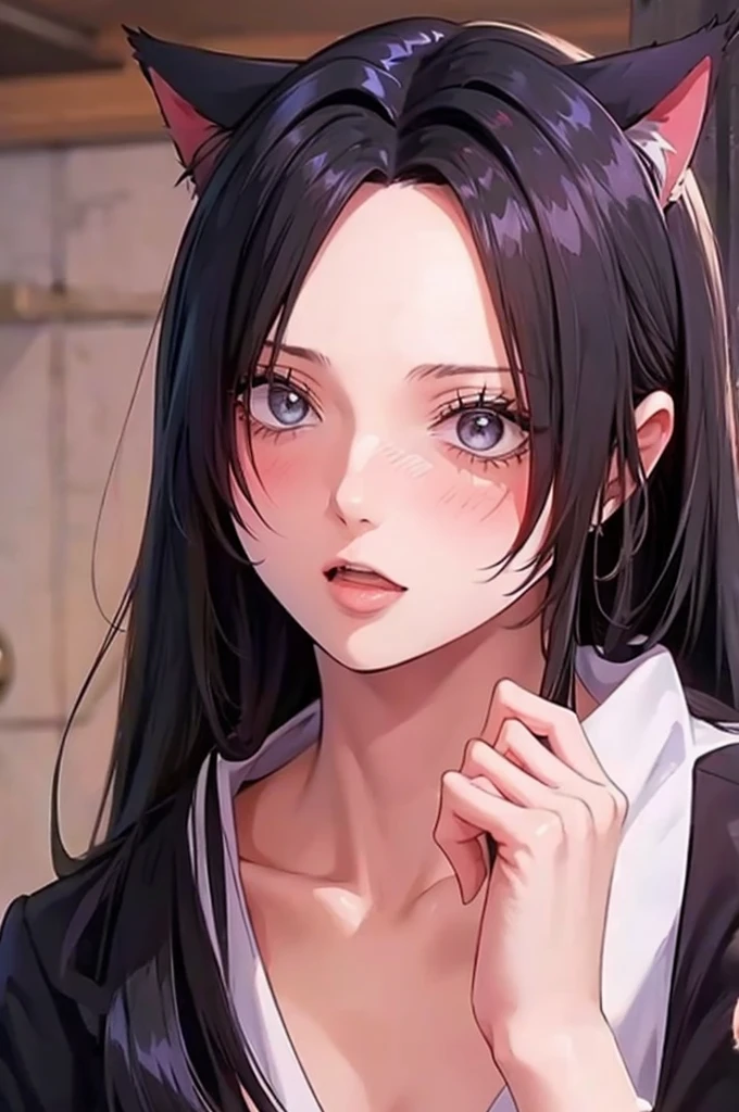 masterpiece, photography, realistic eyes, best quality, closed mouth, beautiful lighting, cinematic, 8k, 1girl, facial, cum on face, wet face, liner, vampire, wooden walls, medium tits, kamado nezuko, pink eyes,