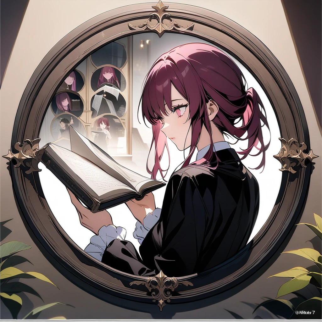 (circle frame1.7)kafka, masterpiece art, reading silver book, icon, circle frame,
