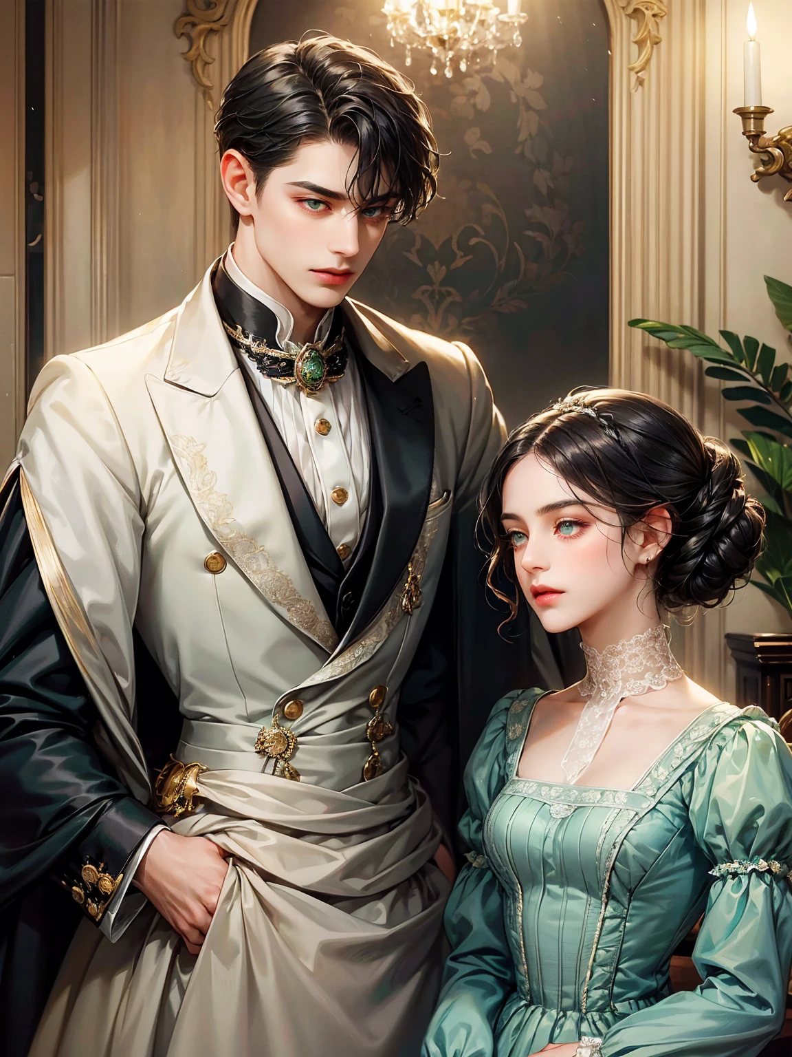 Couple, 1 girl 1 boy. Different hair color, chignon black hair and green eyes, small breast, victorian era unglued dress, short black hair, wavy hair and (sky blu eyes) , male Victorian era dress. They look at the viewers. Background inside of a hall