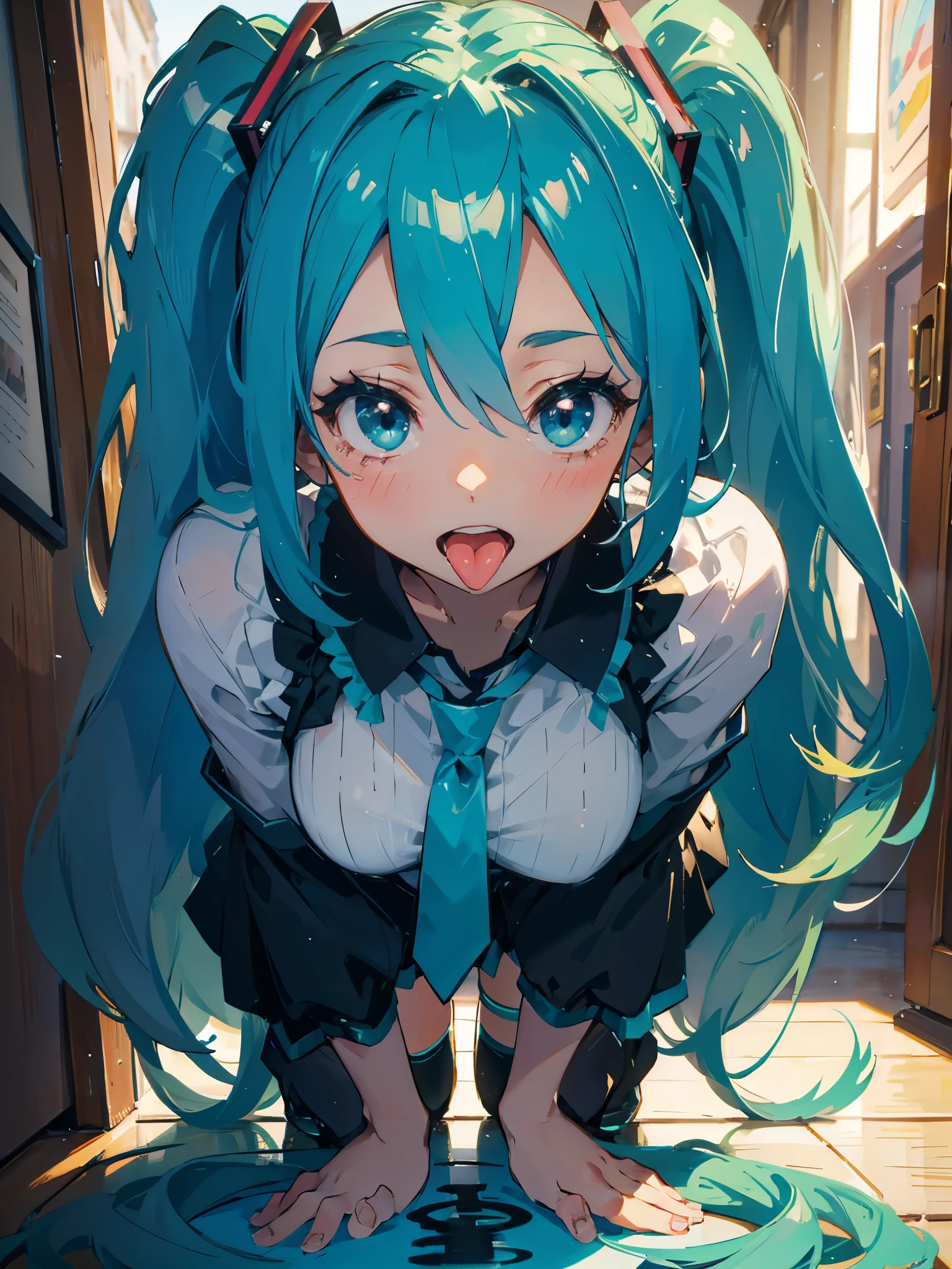 hatsune miku, wearing a dog collar, on all fours, big tits, showing the tongue