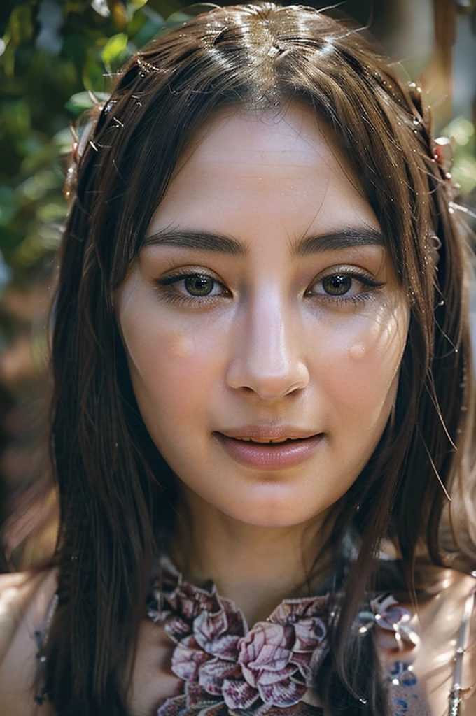 A very beautiful elven girl, with wonderful features, is dressed in a stunning, intricately designed dress. Her detailed eyes and long eyelashes captivate, and her beautifully detailed lips form a shy, kind, and wonderful smile. Her hair flows gracefully, adding to her enchanting appearance. The cinematic lighting and vibrant colors highlight her fantasy-like presence, creating a masterpiece of photorealistic digital painting. This highly detailed concept art, rendered in 8k, captures the essence of a kind and shy elven beauty, radiating with intricate details and vibrant allure.