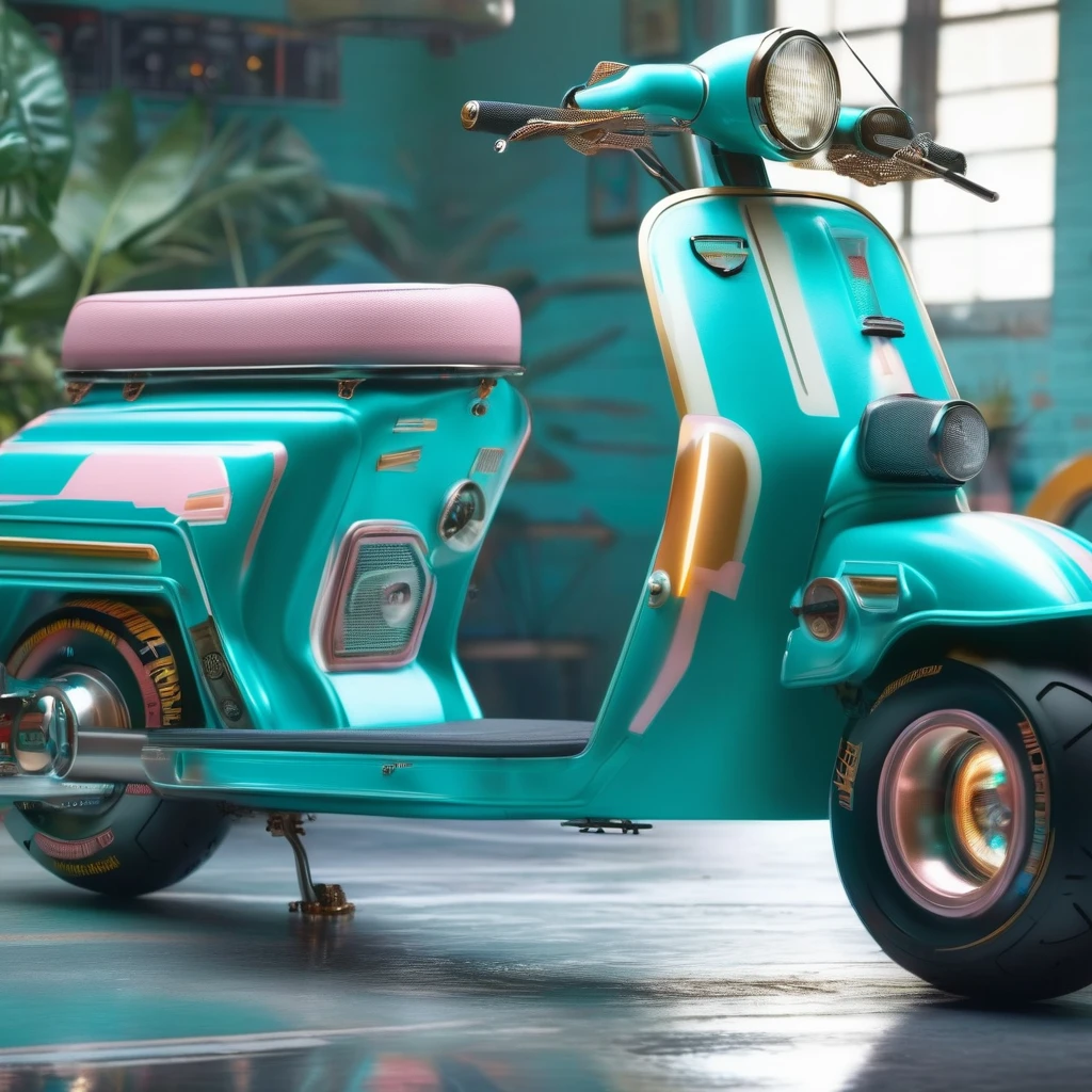 Close up of a teal scooter，Headlights on, custom scooter, Inspired by Alex Petruk APe, Cute future vehicle, Mopeds, Inspired by Scott Listfield, Shake the motorcycle, Inspired by Chris LaBrooy, Concept Art h 8 0 0, by Ben Zoller, highly realistic concept art, Highly detailed ultra realistic vintage