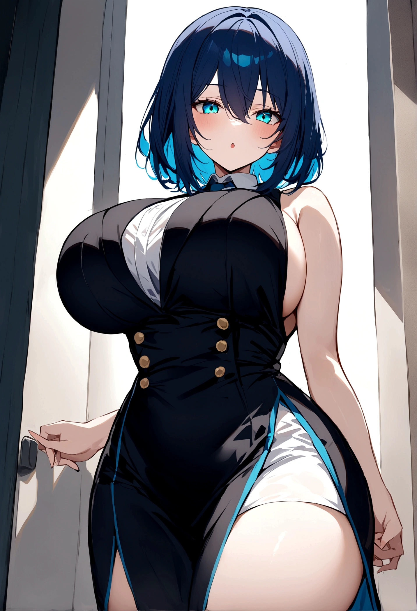 My name is Akari., I am a white test woman with long dark blue hair , turquoise eye color  . I am 1.62 cm tall and weigh 47 kg. My breasts measure 300 cm, my waist 40 cm and my hips 240 cm. Dressed in a lawyer's outfit . With big breasts 300 cm