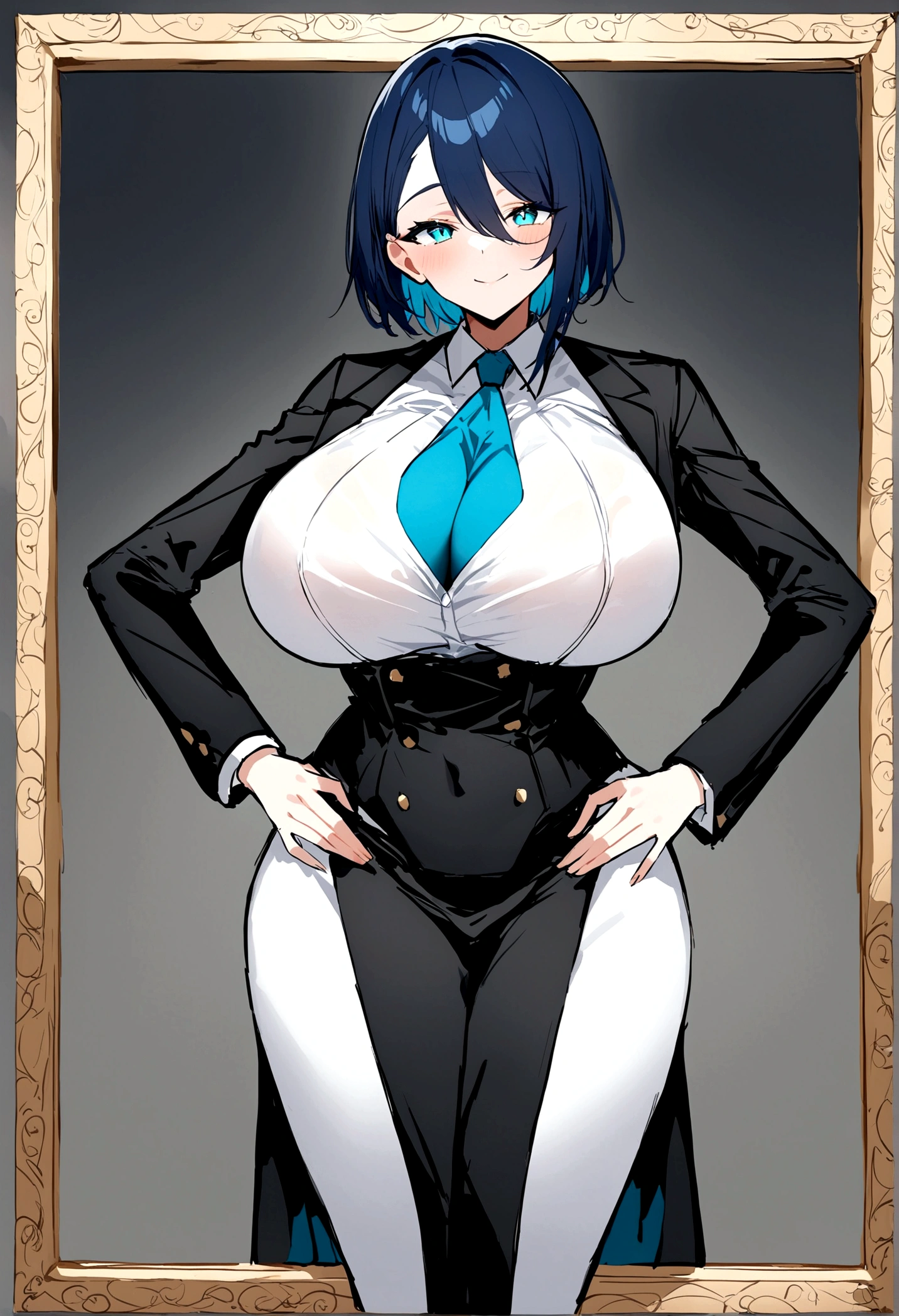 My name is Akari., I am a white test woman with long dark blue hair , turquoise eye color  . I am 1.62 cm tall and weigh 47 kg. My breasts measure 300 cm, my waist 40 cm and my hips 240 cm. Dressed in a lawyer's outfit . With big breasts 300 cm
