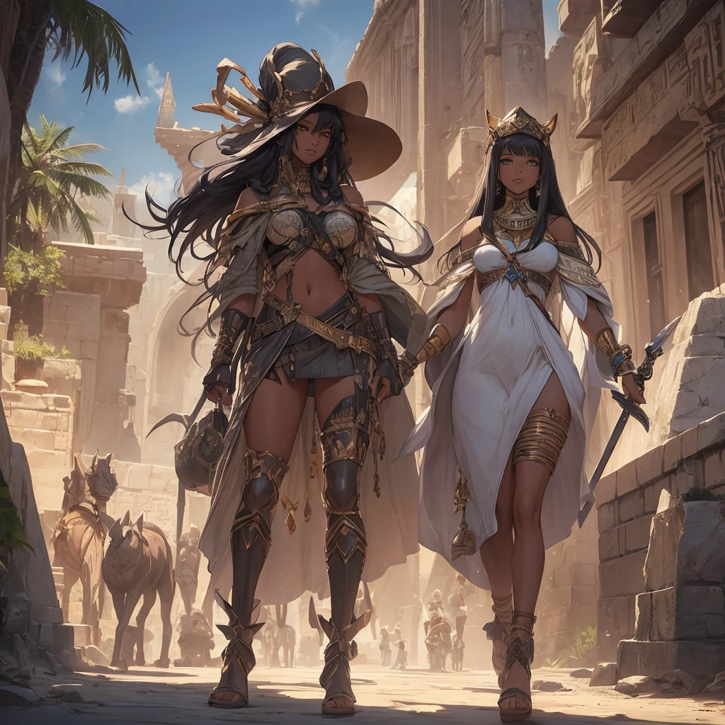a woman in costume with a hat and a sword, beautiful full body conceptual artwork, Egyptian cat goddess, bet, dark-skinned female goddess of love, cushart krenz arte chave feminino, Anime goddess, epic and exquisite character art, extremely detailed artegerm, d&d dark sun character art, of the trailblazer, conceptual artwork | artegerm, ancient egypt scenery
.
