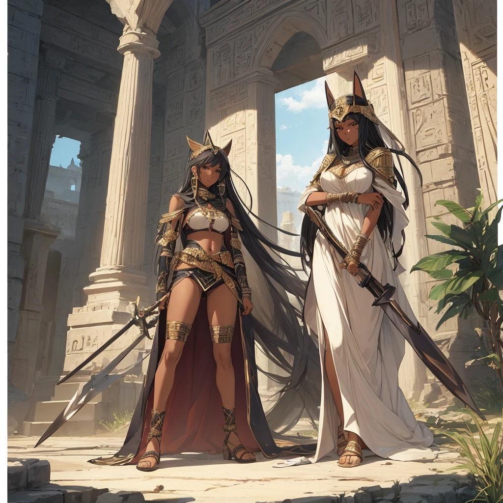 a woman in costume with a hat and a sword, beautiful full body conceptual artwork, Egyptian cat goddess, bet, dark-skinned female goddess of love, cushart krenz arte chave feminino, Anime goddess, epic and exquisite character art, extremely detailed artegerm, d&d dark sun character art, of the trailblazer, conceptual artwork | artegerm, ancient egypt scenery
.