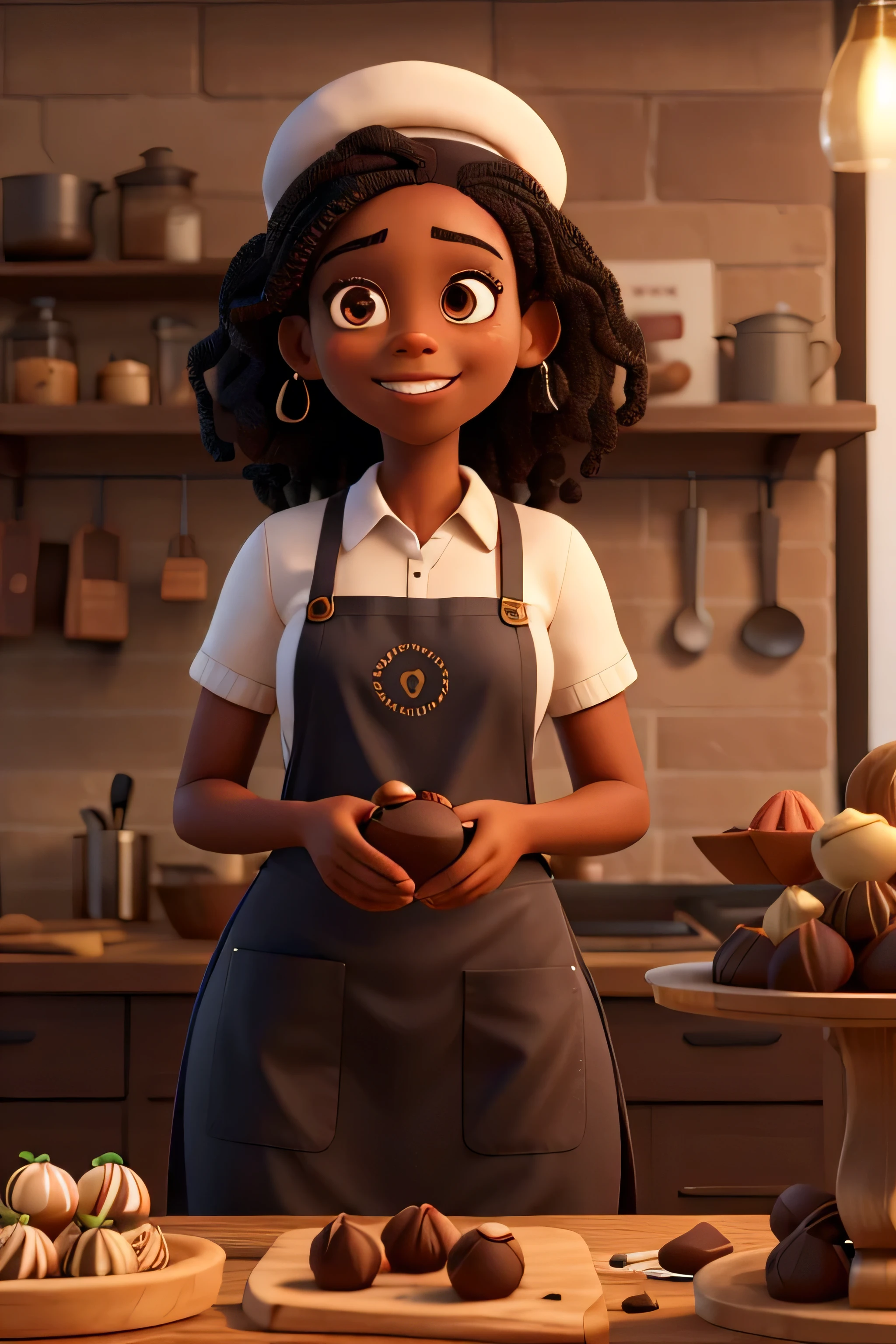Black woman with straightened hair, making chocolate truffles, the truffles are big and in shape. She is wearing an apron and cap.