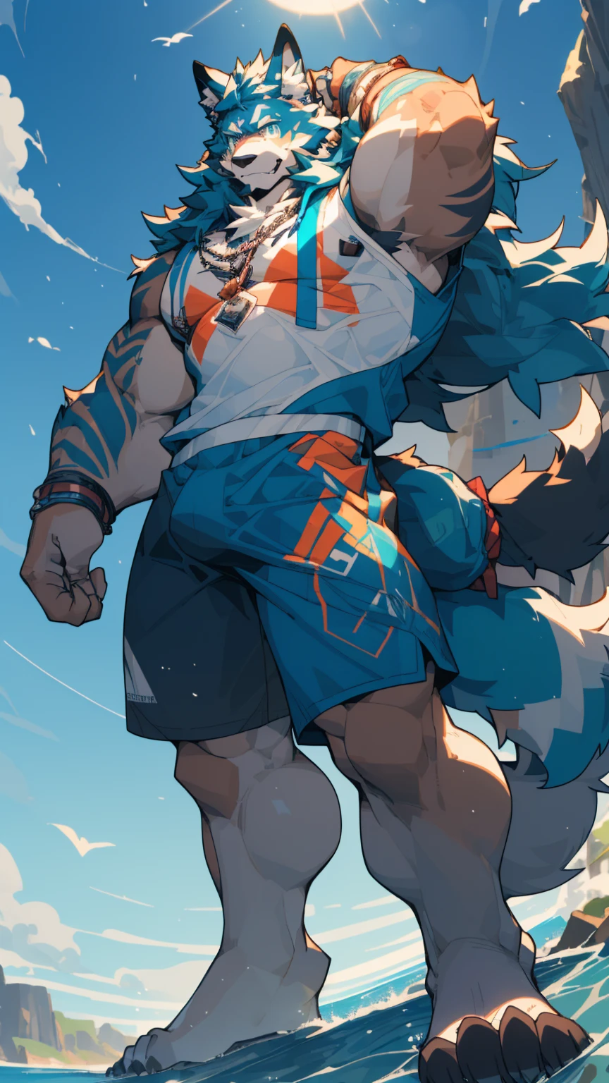 Sunlight,high resolution,4K,like,(((whole body))),masterpiece,high quality,Brave and bold,((Wolf)),male,((Strike a pose:1.3)),WolfFurry,(Middle-aged uncle),hairy,((charming,Smiling Face,Long hair)),((peaceful,Comfort)),((strong,Tall and big:1.3,thin long ears:1.3,Well-proportioned limbs:1.3,Wolf尾巴:1.3,Bigfoot,Meat pad:1.2,Crotch bulge:1.3)),(((Red and black sports shorts))),(((Green ears,Dark blue head,dark blue back,Dark blue limbs,White milk,White belly,Blue pupils))),charming脸庞,Attention to detail,Detailed body,Detailed hands