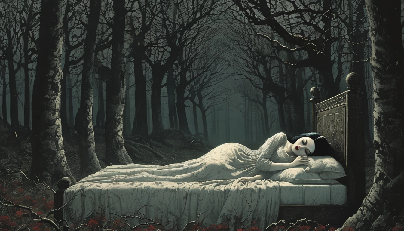 (((horror style))), illustration of Snow White passed out in bed, Junji Ito, in a super-detailed sinister forest, 8k resolution