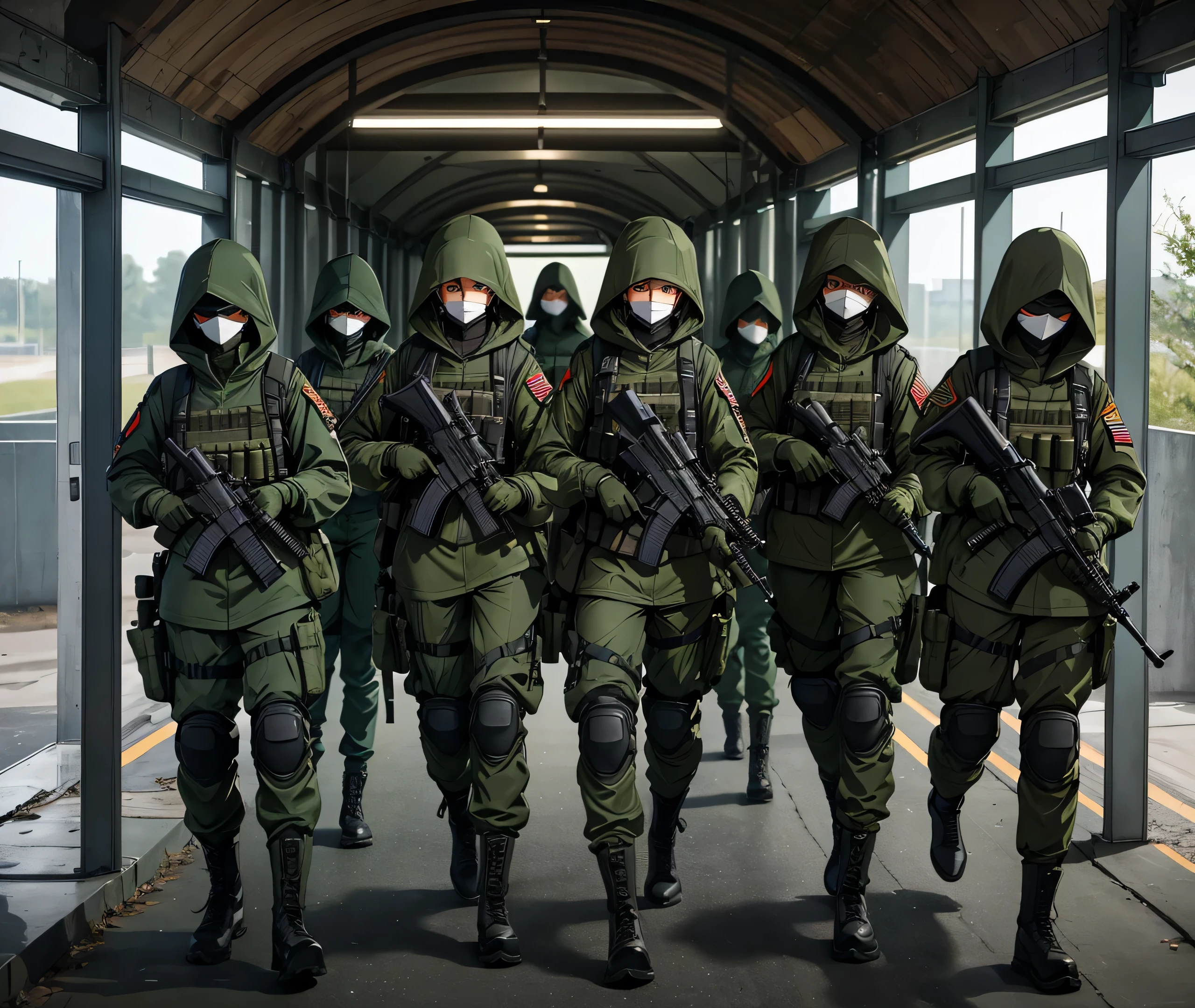tunnel、Five female soldiers standing guard with guns、Wearing dark green M-51 hooded military uniform、Hooded on head、Dark green military pants，Wearing a magazine pouch、Tactical harness、Knee pads、best quality、Highly detailed CG、8K picture quality