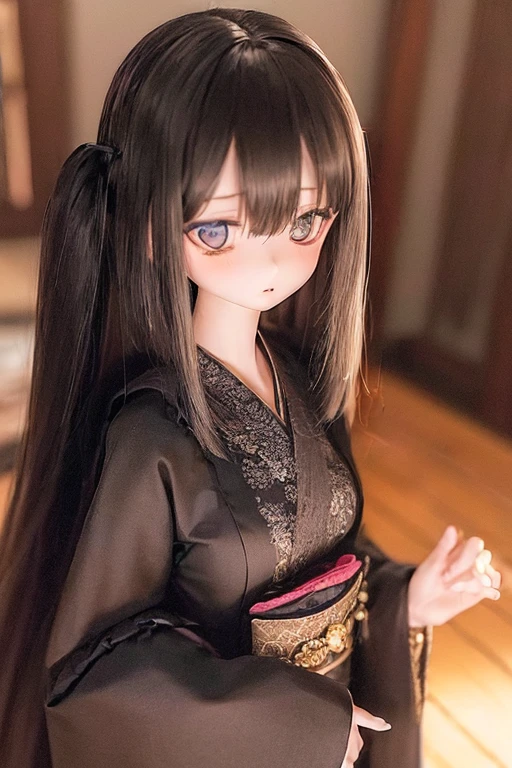 (SFW:2), photorealistic, realistic photo, ((highest quality)), ((masterpiece)), ((extremely detailed)), kukolnydom, doll, (mature woman:1.8), solo, ((from front, seiza, skinny, slender, slim, black kimono, obi, obidome, hair ornament)), green eyes, parted lips, (black hair, long hair, looking at another, almond eyes, blank eyes, empty eyes, detailed eyes, detailed clothes:1.3), Japanese room, 8k