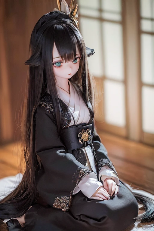 (SFW:2), photorealistic, realistic photo, ((highest quality)), ((masterpiece)), ((extremely detailed)), kukolnydom, doll, (mature woman:1.8), solo, ((from front, seiza, skinny, slender, slim, black kimono, obi, obidome, hair ornament)), green eyes, parted lips, (black hair, long hair, looking at another, almond eyes, blank eyes, empty eyes, detailed eyes, detailed clothes:1.3), Japanese room, 8k