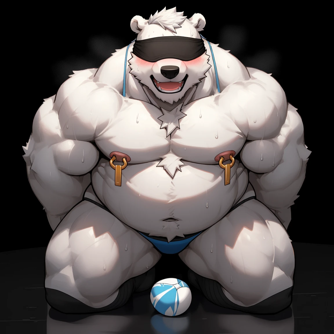 masterpiece, best quality, 8k resolution, Very detailed, hairy,(((polar bear)),(((Mature))),(((beard))),(((fat))),(((White hair all over body))),(((portrait))),(((White hair))),(((Dark room))),For the audience,(((Shirtless))),(((Nipple Rings))),(((Blushing))),Highest quality scene,(((whole body))),((( Blindfolded))),(((Kneeling))),(((Fat-enclosed muscle))),(((Round face))),(((alone))),(((Strong body))),(((mouth ball))),(((Shameful))),((sweaty)),(((Thong))),((Black socks))