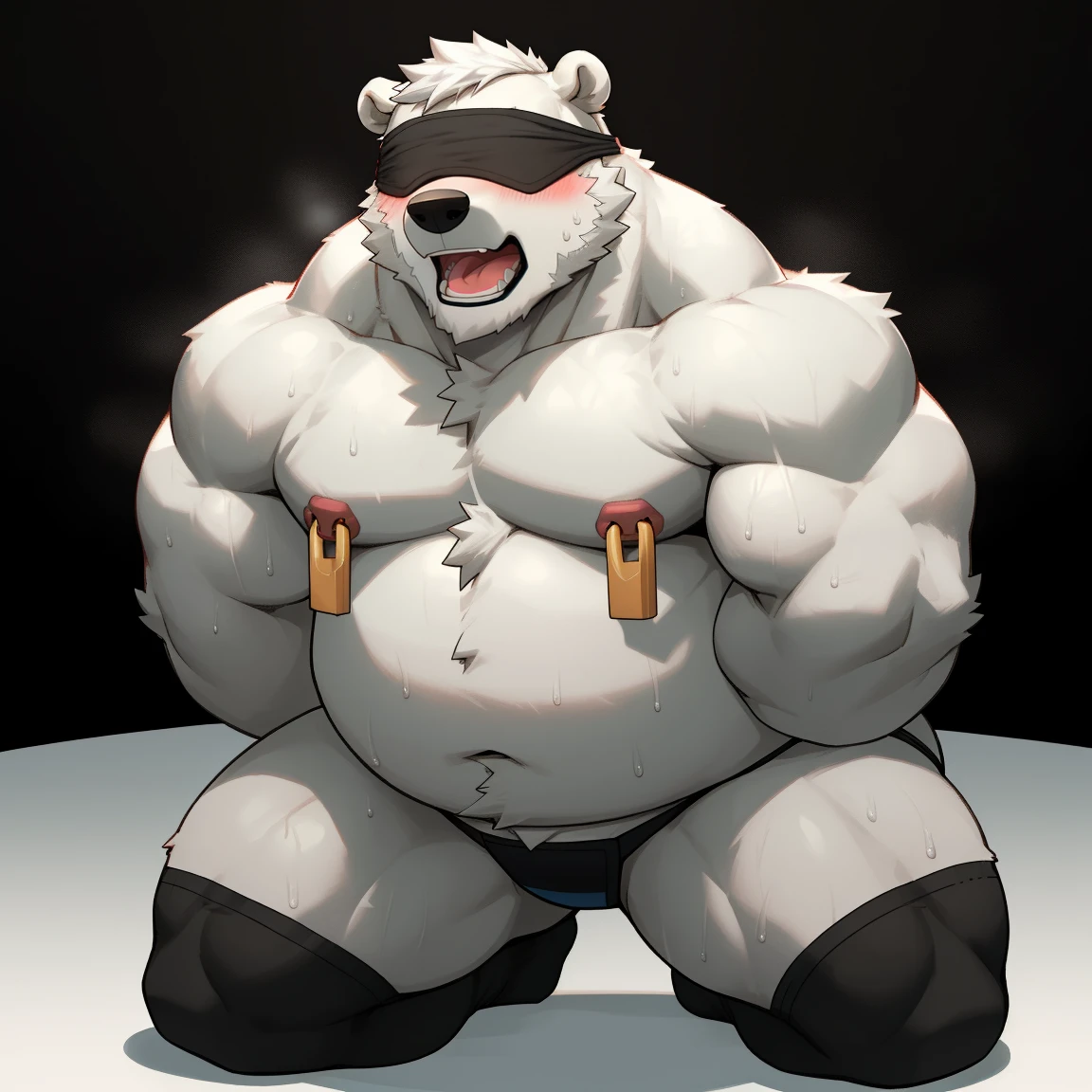 masterpiece, best quality, 8k resolution, Very detailed, hairy,(((polar bear)),(((Mature))),(((beard))),(((fat))),(((White hair all over body))),(((portrait))),(((White hair))),(((Dark room))),For the audience,(((Shirtless))),(((Nipple Rings))),(((Blushing))),Highest quality scene,(((whole body))),((( Blindfolded))),(((Kneeling))),(((Fat-enclosed muscle))),(((Round face))),(((alone))),(((Strong body))),(((mouth ball))),(((Shameful))),((sweaty)),(((Thong))),((Black socks))