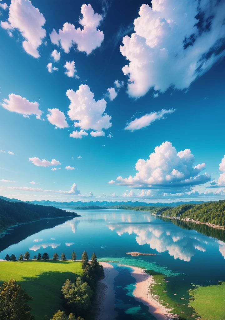 ((Highest quality),Masterpiece,Photorealistic), ((masterpiece)), (detailed), (High resolution, 4K)An endless lake,The water reflecting the blue sky