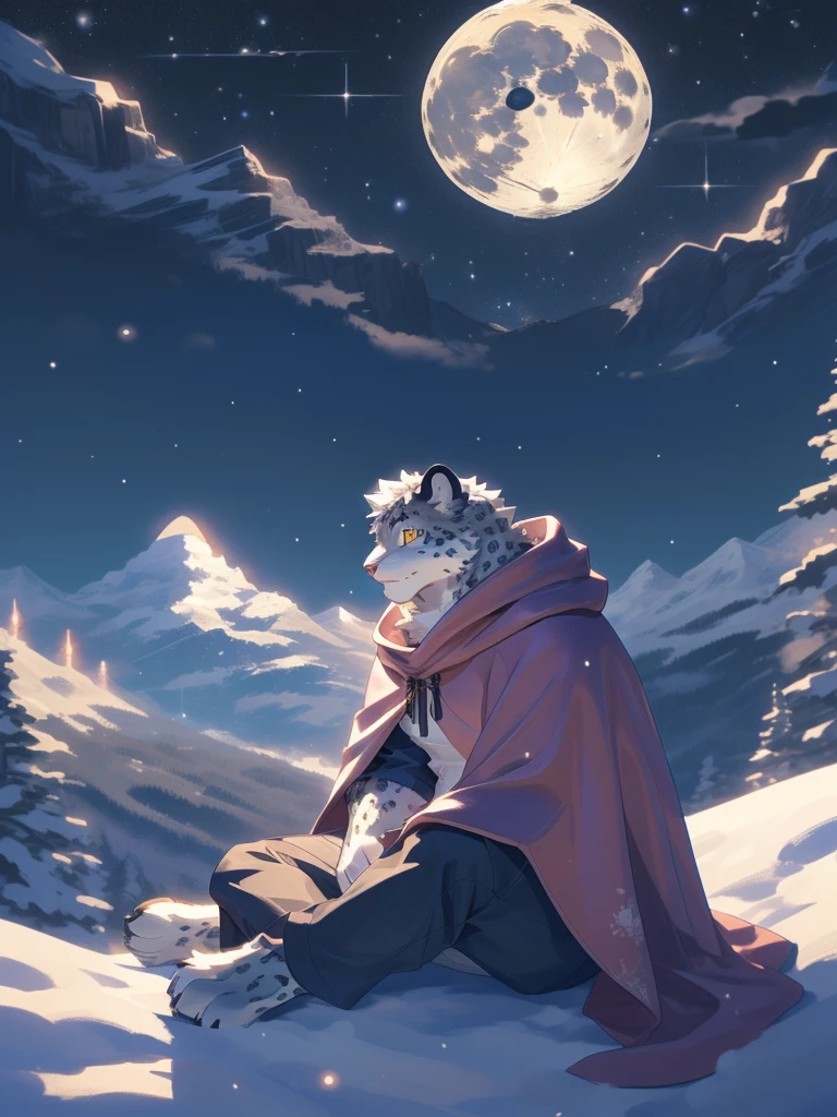 Snow leopard male silver gray fur，Golden Eyes，Wearing a pink cloak，Meditating with a violin in hand，Eyes full of wisdom and softness mountain top at night，Starry sky full moon high，There are twinkling city lights in the distance，Surrounded by some mountains and snow dreams inspire silver-gray fur，((Golden Eyes:1.5))。((Wearing a pink cloak:1.2))。Expression thoughtful smile，Eyes full of wisdom and gentleness。mountain top at night，Starry sky，full moon high。There are twinkling city lights in the distance，There are mountains and snow fields around。
&quot;Playing Under the Stars，Let your dreams fly with the notes&quot; male
