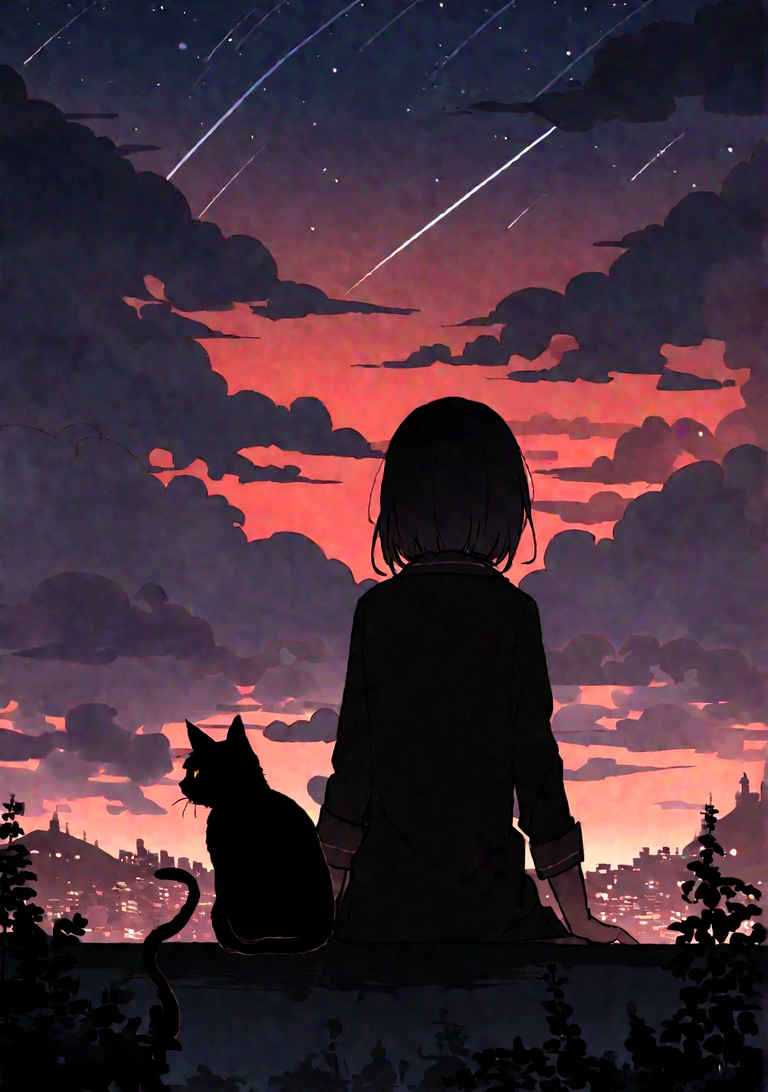 (red tint、pink),Octane, null, performer(null), landscape, 星null, night,( One Girl,一匹のBlack cat、I'll be there for you:1.5),(I'll be there for you:1.3),Black cat,nightnull, solo, plein air, built, cloud, shooting star,Sit on, wood, Hair length, city, silhouette, 都city景観,From behind