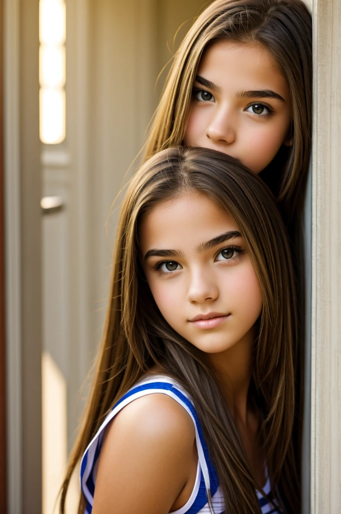 Jeunes filles jeune brune yeux bleus visage long silhouette mince, salle de classe, Tout petit seins petit petit, jeune jeune sexy