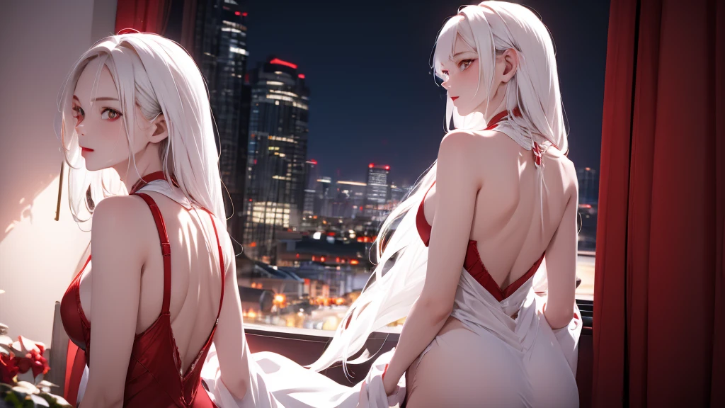 1 Girl, medium light white hair, light white eyes, wearing Red Suit 4D , night TOWN 18+, high res, ultrasharp, 8K, masterpiece, looking from behind