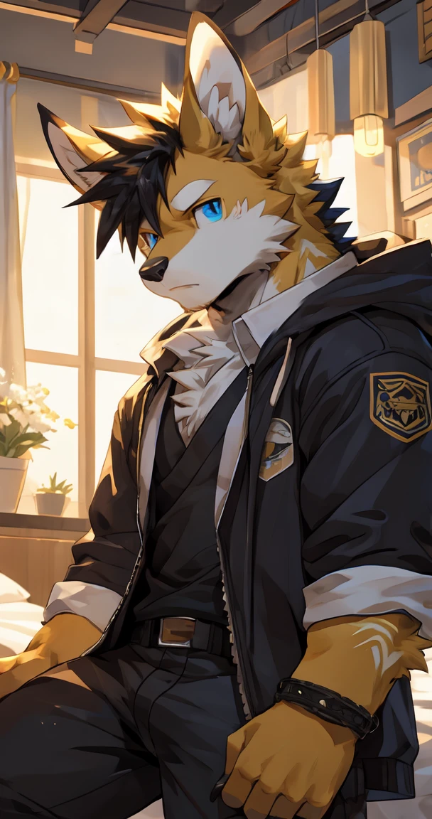 (by sollyz),wapiti,detail face, detail eyes, detail,male,pants,nacked,furry, short hair,__b2__,
,blue eyes,handsome,bed background,
strong,epic,