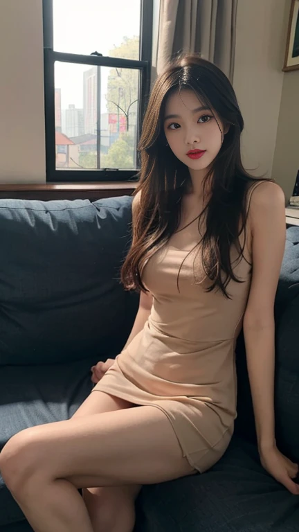 1 Girl,living room,Sitting on the sofa,Soft Light,Chinese Beauty,Tight Fit,dress,Dark-haired,long hair,