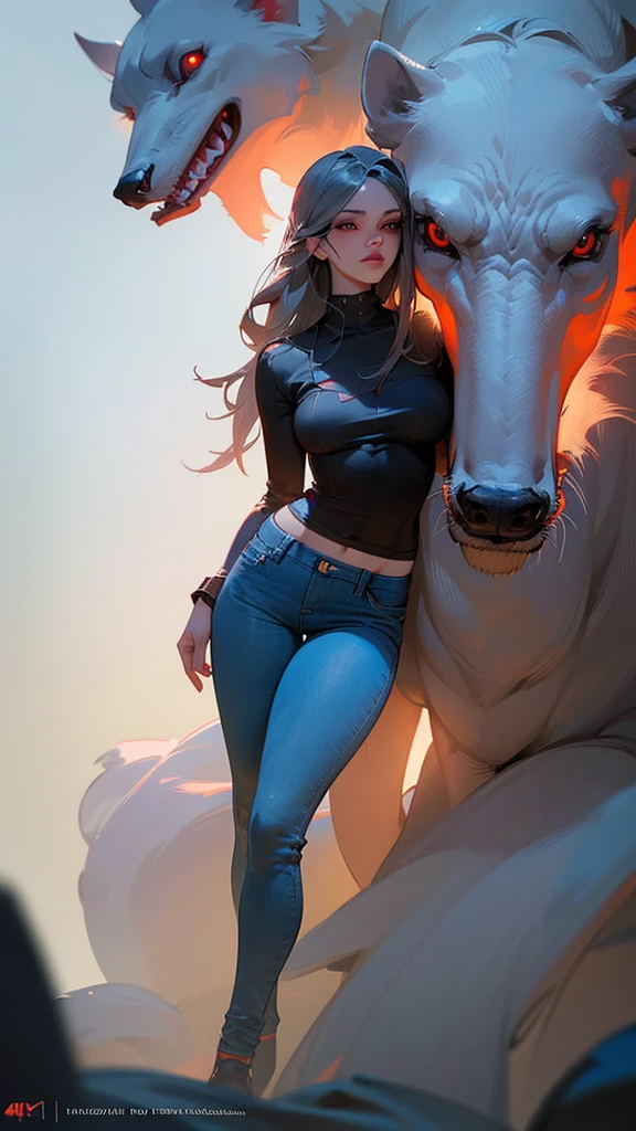 a white with grey highlights hellhound girl, beautiful detailed red eyes, beautiful detailed lips, extremely detailed face, long eyelashes, tight jeans (best quality,4k,8k,highres,masterpiece:1.2),ultra-detailed,(realistic,photorealistic,photo-realistic:1.37),concept art, vibrant colors, dramatic lighting, dramatic atmosphere, full body 