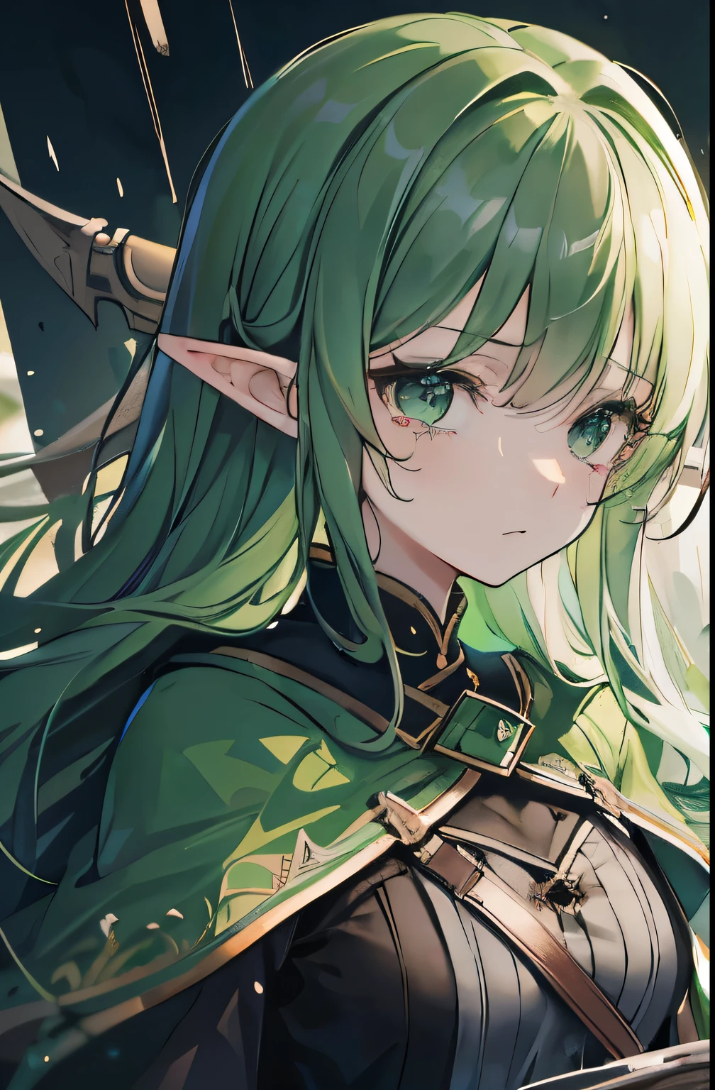 Best quality,high detail,masterpiece,1 woman,light green long curly hair,black eye,Elf,black and green clothes,Battle Axe, A crying expression