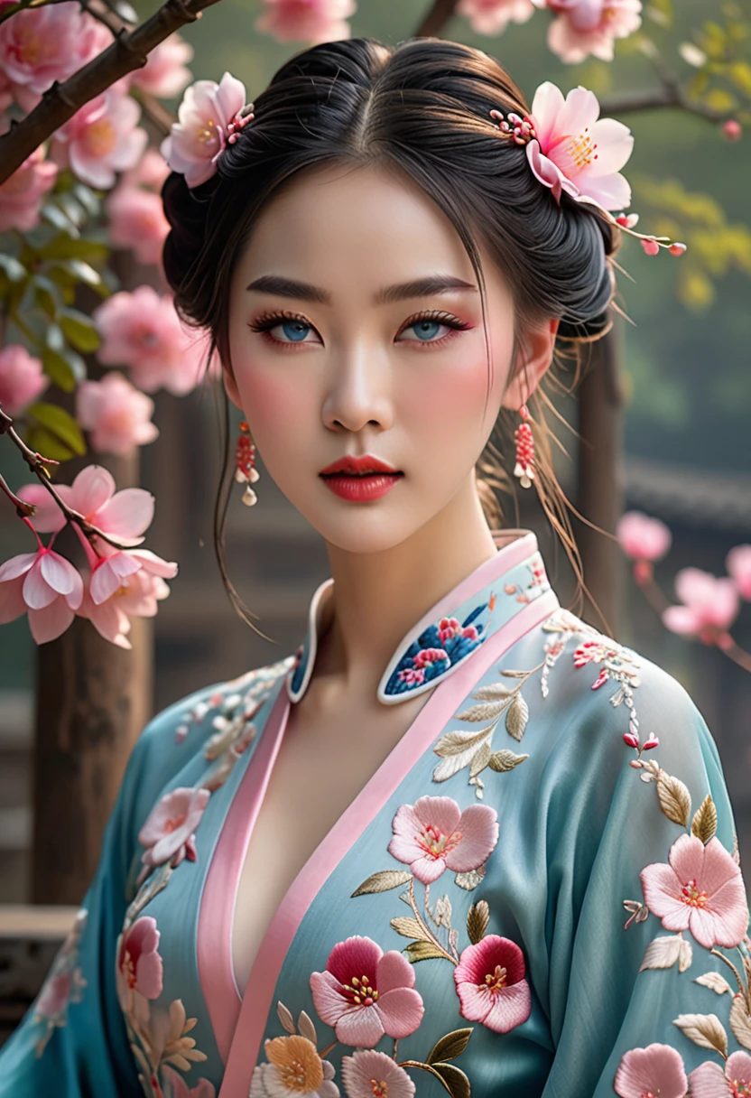 (Best quality,4K,8K,A high resolution,Masterpiece:1.2),Ultra-detailed,(Realistic,Photorealistic,photo-realistic:1.37),Delicate depiction of floral motifs on traditional Chinese gauze dresses, Dynamically capture Tai Chi elements, Flowing fabric, vivid vivid colors, Pastel tones, Soft and dreamy lighting, Focus on exquisite craftsmanship, Dynamic movements, Detailed rendering of intricate floral embroidery, Elegant and elegant gesture, Porcelain-like skin, small breasts, long pink twintails, soft blue eyes, Subtle and flawless makeup, Surreal wallpapers