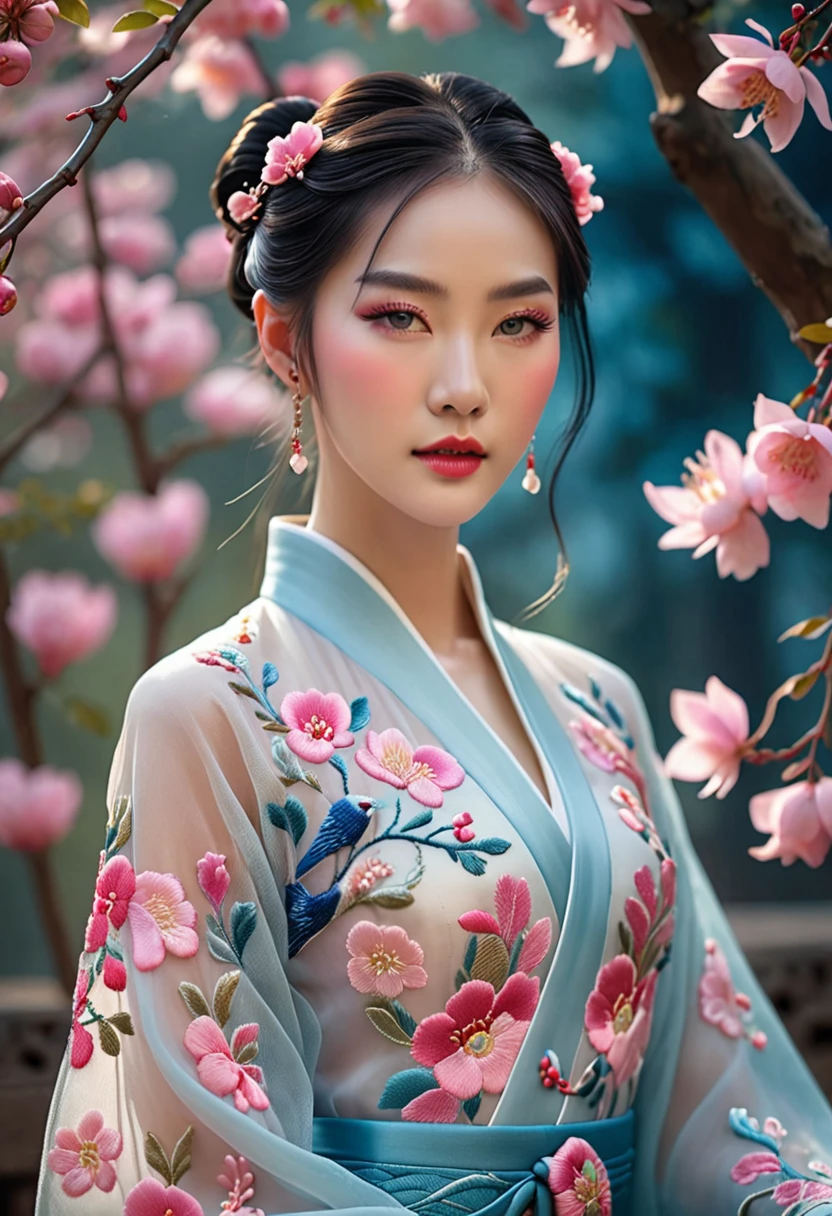 (Best quality,4K,8K,A high resolution,Masterpiece:1.2),Ultra-detailed,(Realistic,Photorealistic,photo-realistic:1.37),Delicate depiction of floral motifs on traditional Chinese gauze dresses, Dynamically capture Tai Chi elements, Flowing fabric, vivid vivid colors, Pastel tones, Soft and dreamy lighting, Focus on exquisite craftsmanship, Dynamic movements, Detailed rendering of intricate floral embroidery, Elegant and elegant gesture, Porcelain-like skin, small breasts, long pink twintails, soft blue eyes, Subtle and flawless makeup, Surreal wallpapers