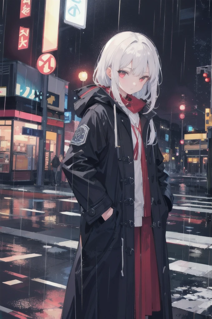 1girl,night city,rain,coat,hands in pockets