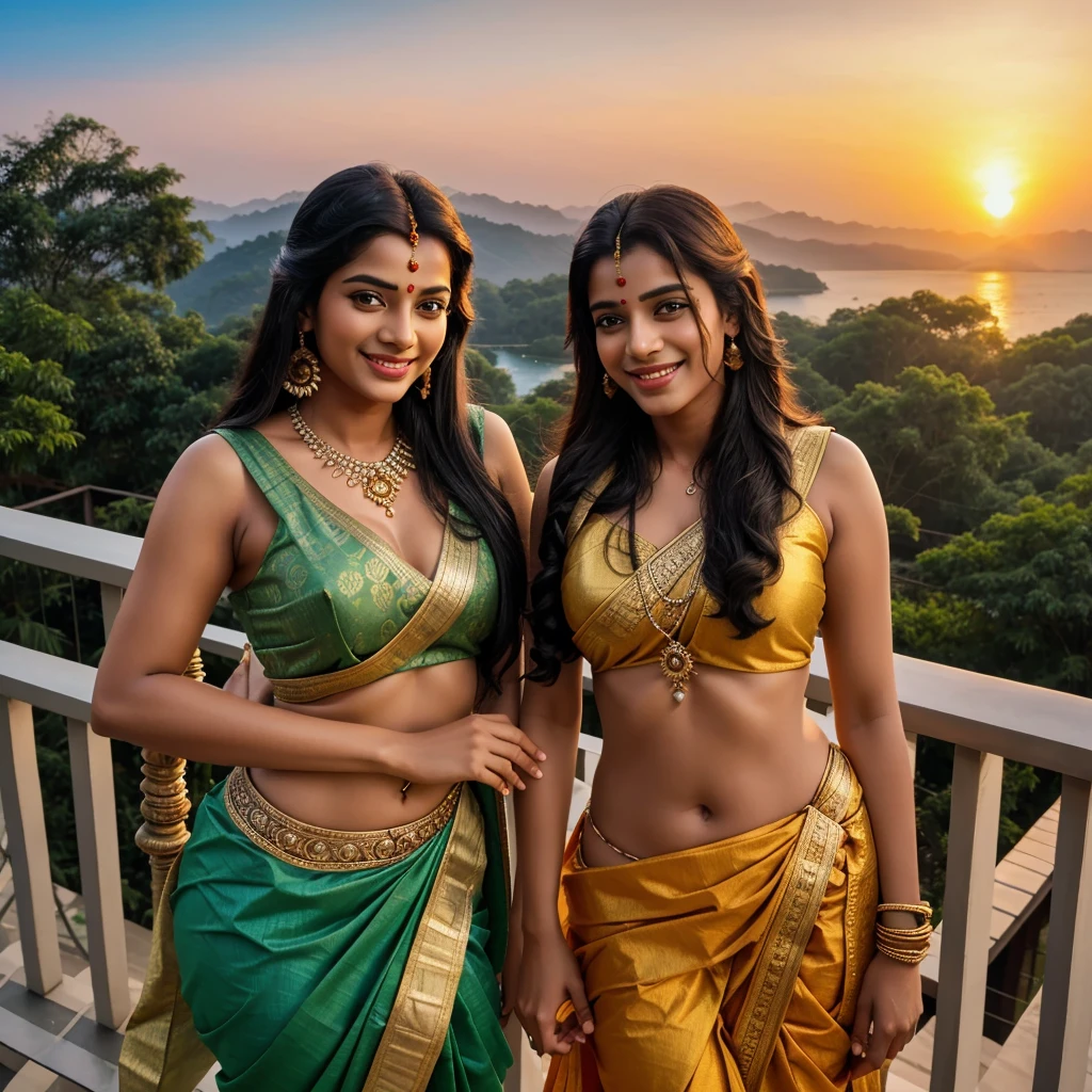 Lord Shiva with lord rama smiling by looking each other and enjoying beautiful sunset in balcony beautiful nature
