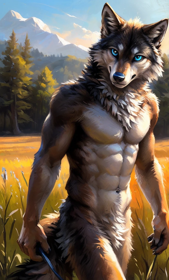 ((Solo)), male people, anthro wolf, (Multi-colored fur, White-brown:1.3,White tail pointed), (Height 2.1m,Tail length 1.5m), ((Wolf face, Big eyes, White eyelids, Blue pupil, Slim:1.2) (Tough, Calm expression:1.2)), Abs, Slim, pinging)), (Correct anatomy), Naked all over the body,A long big tail,Feet,(Realistic fur, Detailed fur texture, labeled:1.3)), (Natural lighting), Photorealistic, Hyperrealistic, ultradetailed, by Kenket,Field,No artifacts