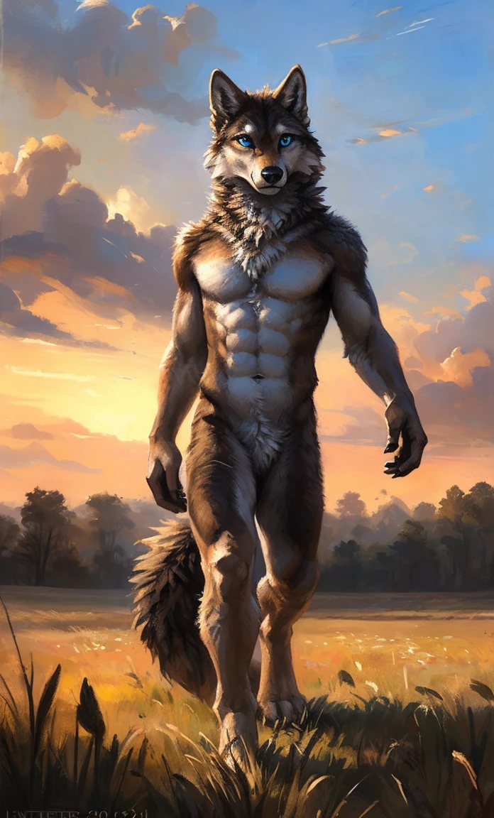 ((Solo)), male people, anthro wolf, (Multi-colored fur, White-brown:1.3，White tail pointed), (Height 2.1m,Tail length 1.5m), ((Wolf face, Big eyes, White eyelids, Blue pupil, Slim:1.2) (Tough, Calm expression:1.2)), Abs, Slim, pinging)), (Correct anatomy), Naked all over the body,A long big tail，Feet，(Realistic fur, Detailed fur texture, labeled:1.3)), (Natural lighting), Photorealistic, Hyperrealistic, ultradetailed, by Kenket，Field，No artifacts