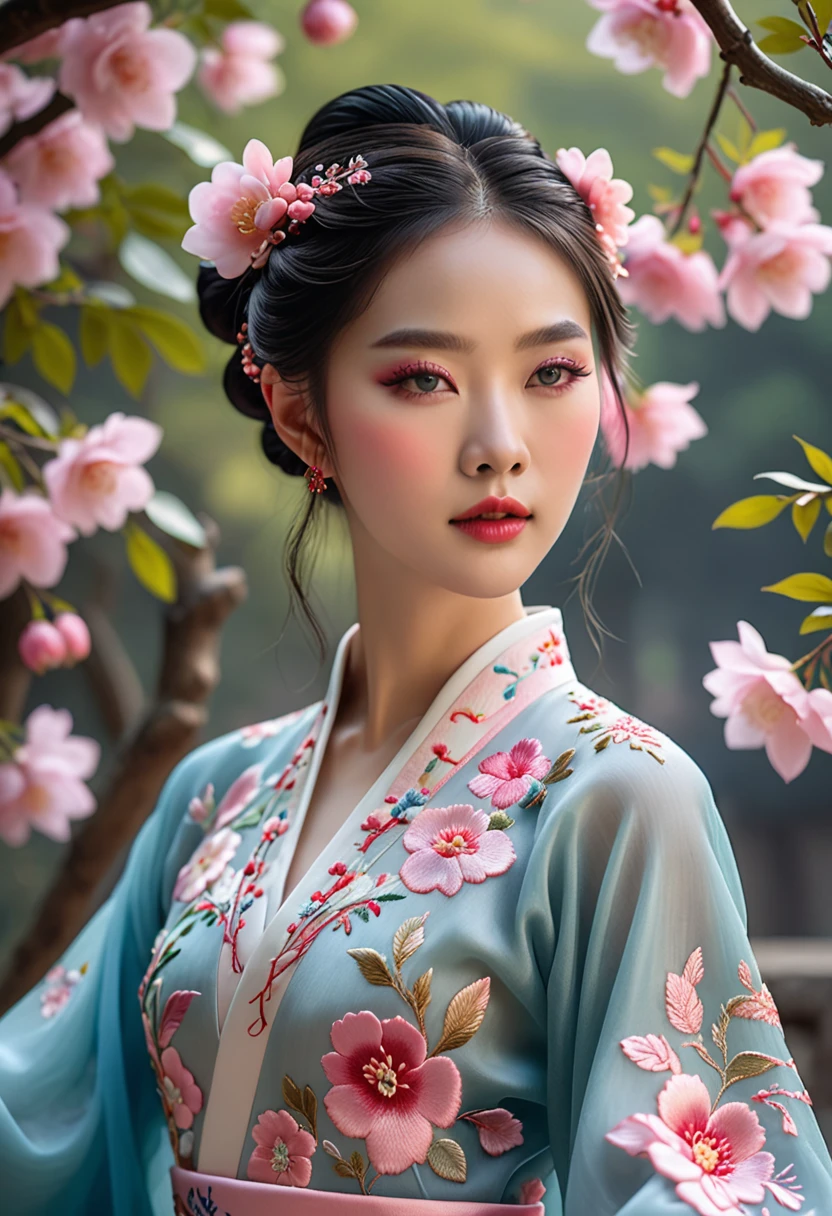 (Best quality,4K,8K,A high resolution,Masterpiece:1.2),Ultra-detailed,(Realistic,Photorealistic,photo-realistic:1.37),Delicate depiction of floral motifs on traditional Chinese gauze dresses, Dynamically capture Tai Chi elements, Flowing fabric, vivid vivid colors, Pastel tones, Soft and dreamy lighting, Focus on exquisite craftsmanship, Dynamic movements, Detailed rendering of intricate floral embroidery, Elegant and elegant gesture, Porcelain-like skin, small breasts, long pink twintails, soft blue eyes, Subtle and flawless makeup, Surreal wallpapers