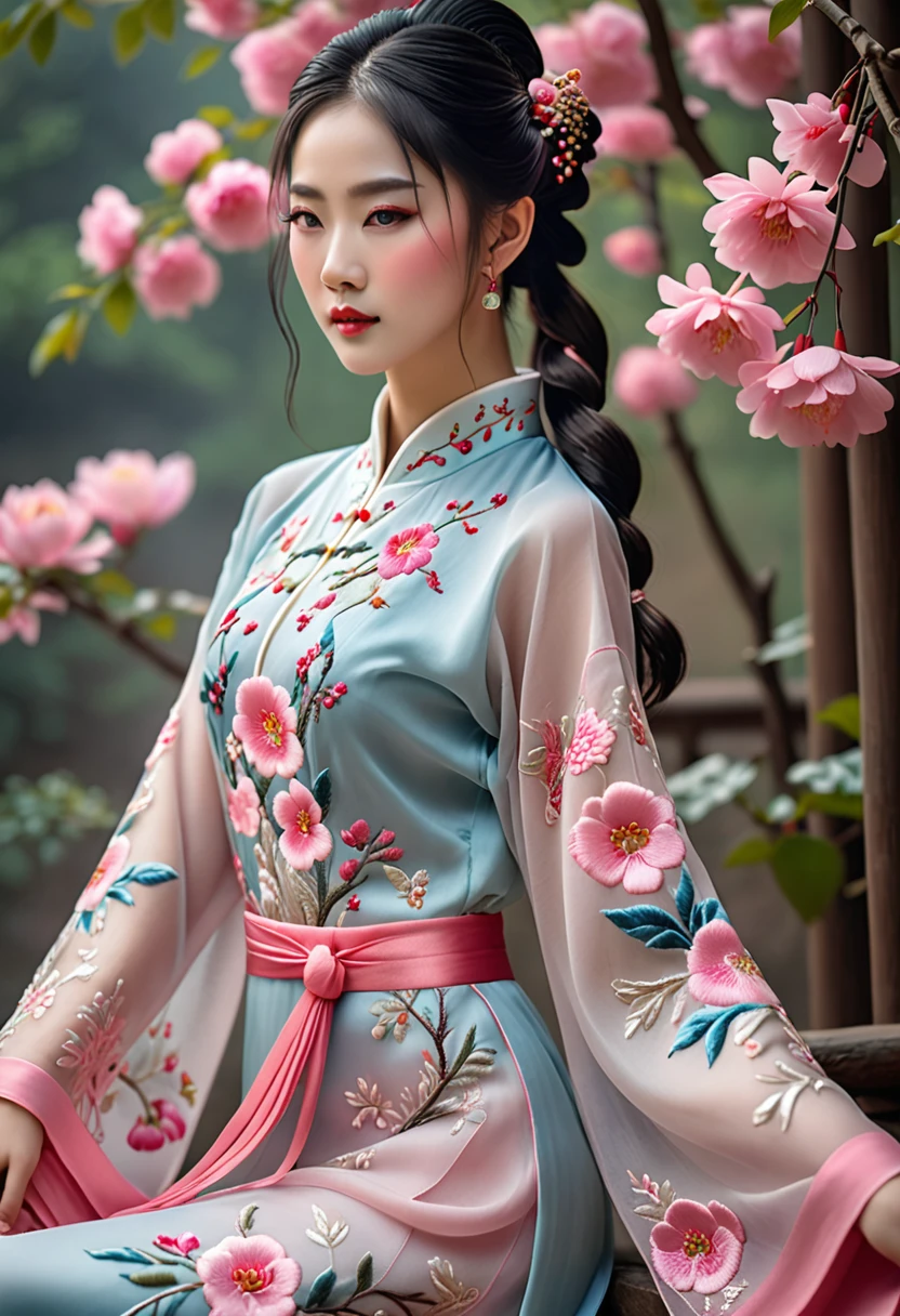 (Best quality,4K,8K,A high resolution,Masterpiece:1.2),Ultra-detailed,(Realistic,Photorealistic,photo-realistic:1.37),Delicate depiction of floral motifs on traditional Chinese gauze dresses, Dynamically capture Tai Chi elements, Flowing fabric, vivid vivid colors, Pastel tones, Soft and dreamy lighting, Focus on exquisite craftsmanship, Dynamic movements, Detailed rendering of intricate floral embroidery, Elegant and elegant gesture, Porcelain-like skin, small breasts, long pink twintails, soft blue eyes, Subtle and flawless makeup, Surreal wallpapers