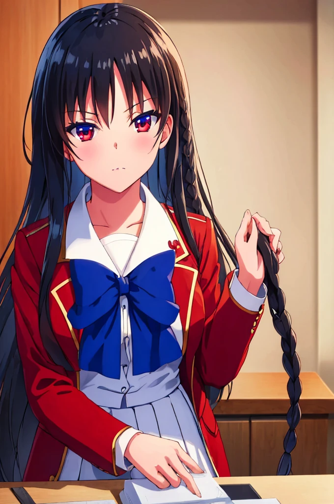 (masterpiece:1.3), (best quality:1.1), (8k, ultra detailed, ultra high res:1.1), ((anime style)), (perfect 5 fingers, perfect anatomy, perfect finger:1.2),
1girl,
Suzune Horikita,
Suzune Horikita \(youjitsu\),
BREAK long hair, braid,
black hair,
red eyes, (focus detailed eyes:1.2),
blue bow,
medium breasts,
red jacket, long sleeves, white skirt, pleated skirt, black thigh-high socks,
BREAK looking at viewer, (upper body:1.2), indoor,