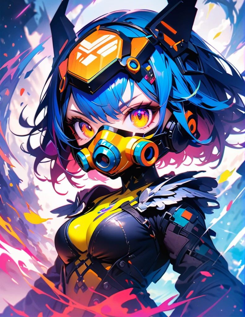 quality(8k wallpaper of extremely detailed CG unit, masterpiece, hight resolution, top-quality, top-quality ,hyper realisitic, digitial painting,increase the resolution,RAW photos,best qualtiy,highly detailed,the wallpaper),BREAK,8K, onmyoji-style art Light, full face, mixed color eyes, Chibi, colorful makeup, white skin, blue hair, jewelry, tattoos, toxic mask