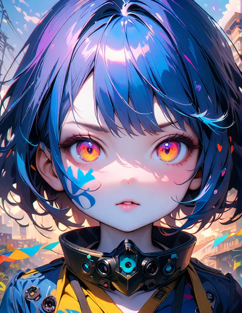 quality(8k wallpaper of extremely detailed CG unit, masterpiece, hight resolution, top-quality, top-quality ,hyper realisitic, digitial painting,increase the resolution,RAW photos,best qualtiy,highly detailed,the wallpaper),BREAK,8K, onmyoji-style art Light, full face, mixed color eyes, Chibi, colorful makeup, white skin, blue hair, jewelry, tattoos, toxic mask