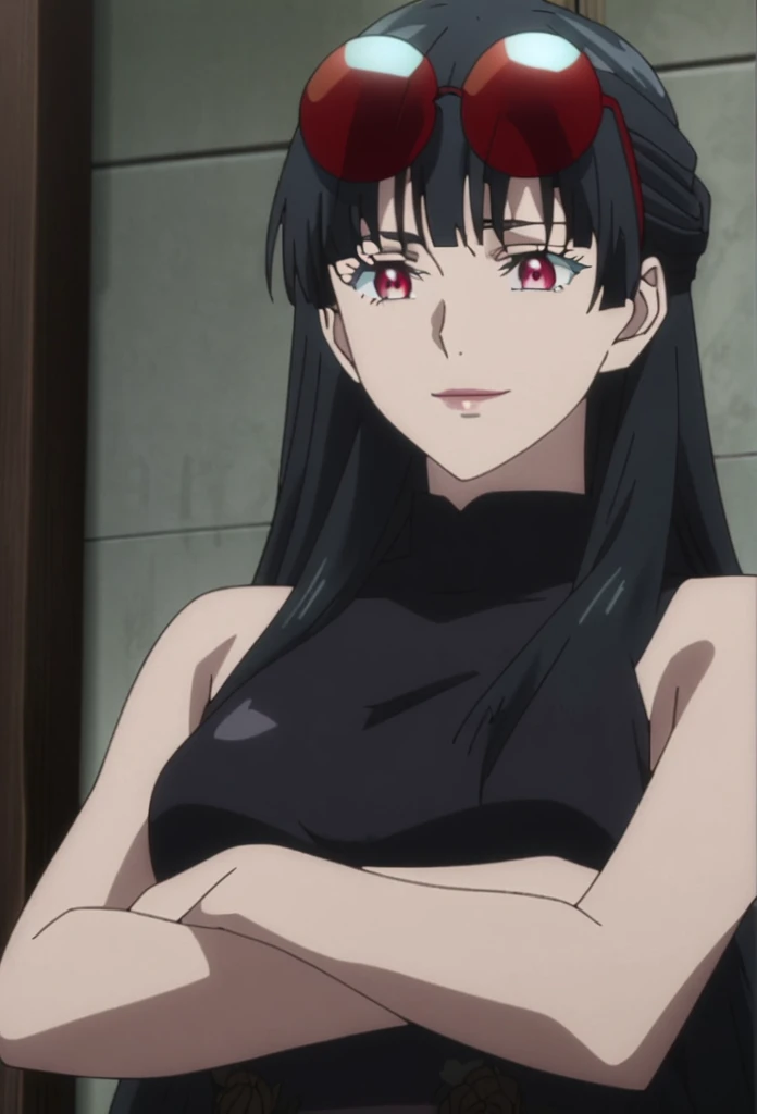 1girl, female gojo satoru, anime screencap from jujutsu kaisen, gojo satoru female version, solo, long_hair, red eyes ((black_hair)), night view, breasts, upper_body, smile, indoors, book, bangs, blue_eyes, lips, (wearing round sunglasses on head) , ((her hairstyle : The character in the image has long straight black hair)) wearing black color party dress, bare shoulder, breast, "very detailed and high resolution" (red eyes) ((cross arms))  ((long hair)) ((solo))
