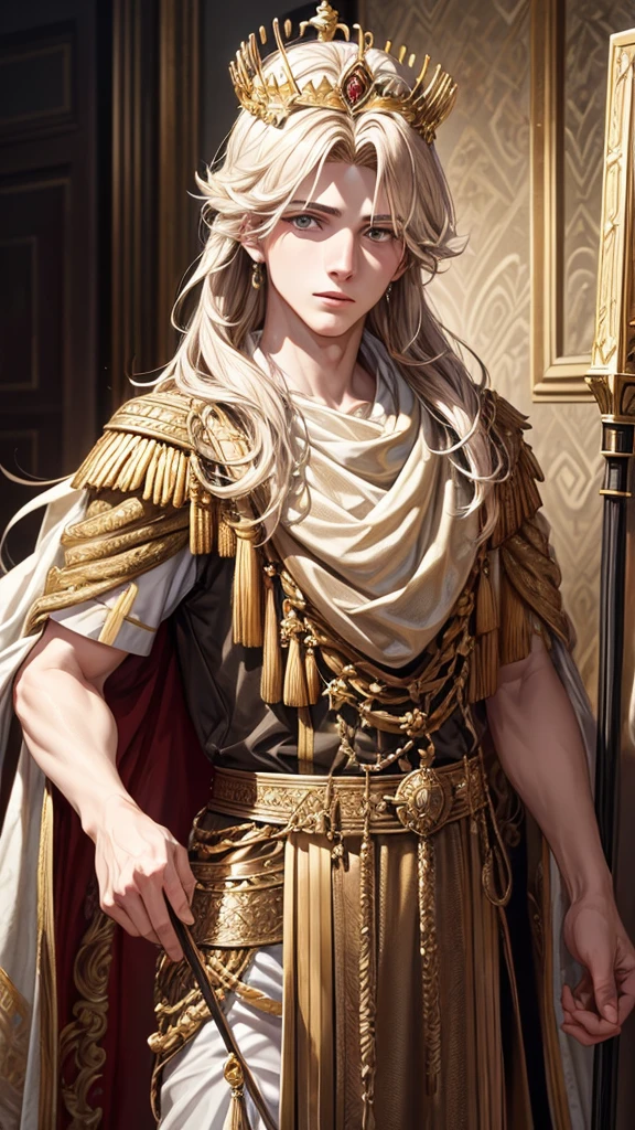 portrait of young alexander the great, crown, sceptre, powdered wig, antique background image, ultra realistic, unreal engine, hyper real, 4k ultra detailed, better hands, good hands