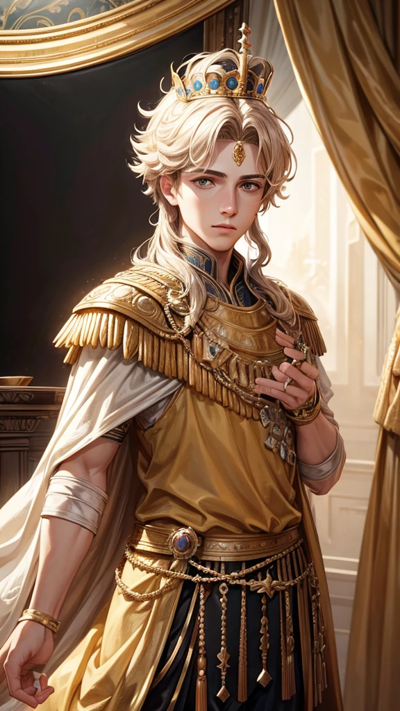 portrait of young alexander the great, crown, sceptre, powdered wig, antique background image, ultra realistic, unreal engine, hyper real, 4k ultra detailed, better hands, good hands
