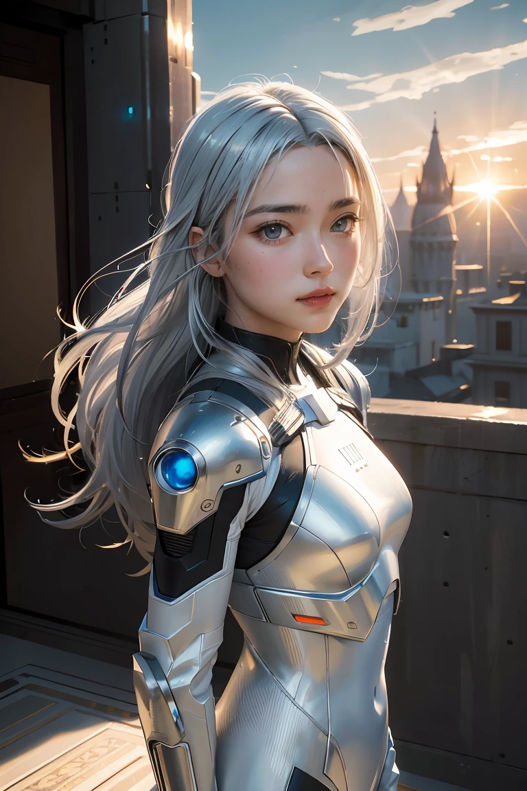 iu1, serious look, modelshoot style, (extremely detailed CG unity 8k wallpaper), full shot body photo of the most beautiful artwork in the world, medieval armor, professional majestic oil painting by Ed Blinkey, Atey Ghailan, Studio Ghibli, by Jeremy Mann, Greg Manchess, Antonio Moro, trending on ArtStation, trending on CGSociety, Intricate, High Detail, Sharp focus, dramatic, photorealistic painting art by midjourney and greg rutkowski, beautify face,((masterpiece, best quality, extremely detailed), volumetric lighting, ambient occlusion, colorful, glowing),
1girl, solo, young girl, (silver hair), long hair, halo, aura, sacred, goddess, cyber suit, (white outfit:1.3),
outdoors, sunset, sky, clouds, space, (cyberpunk theme:1.2),