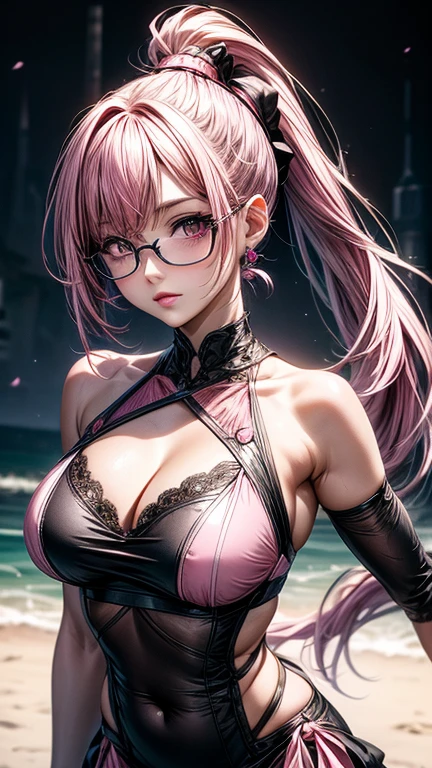 Browsing Caution, masterpiece, Highest quality, Very detailed, ((Beautiful mature woman wearing black-rimmed glasses)), (Long pink ponytail with bangs:1.8), midnight、darkness、Backlight、A huge, beautiful full moon that doesn&#39;t fit on the screen、Woman bathing、

